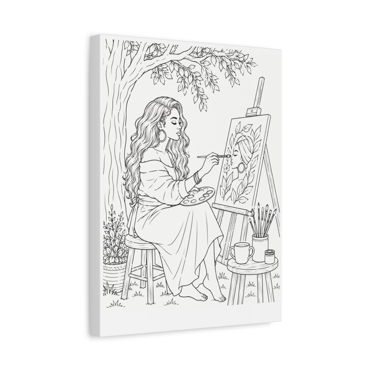 Artist Under the Tree (Side Part Long) | Paint & Sip Canvas