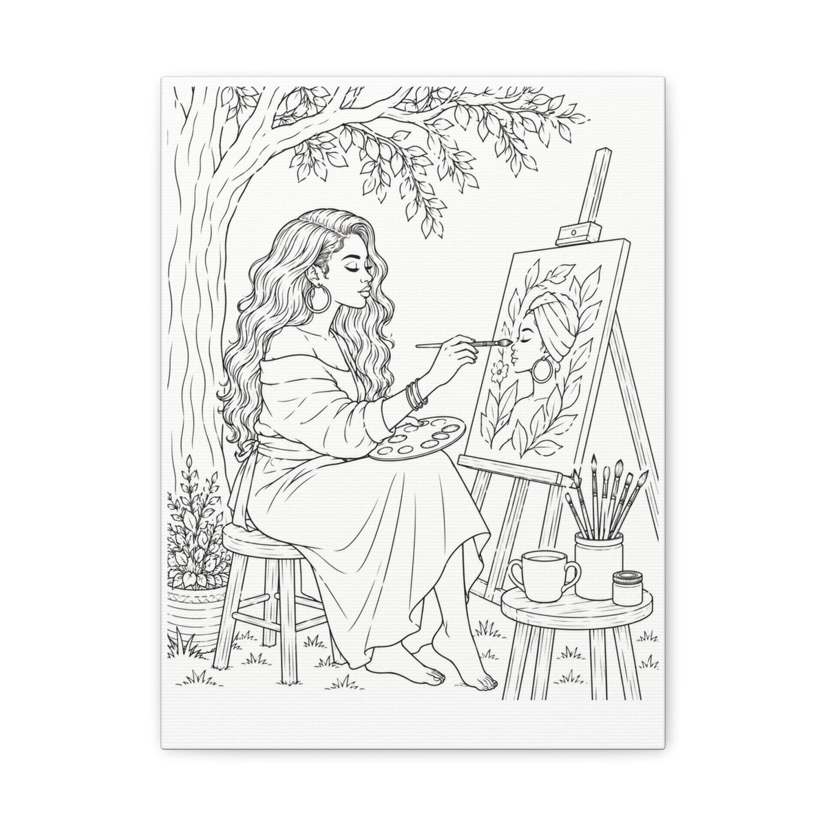 Artist Under the Tree (Side Part Long) | Paint & Sip Canvas